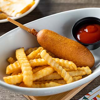 Kids Corn Dog: All of your hot dog goodness on a stick. Served with fries.